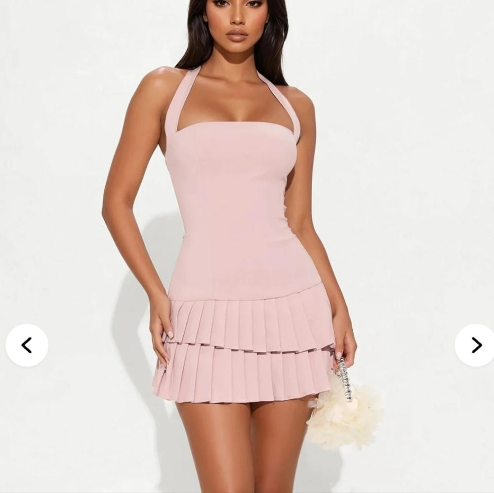 Fashion Nova Pink Pleated Halter Dress Size Large - Picture 5 of 6
